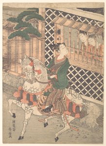 Ung samurai til hest og kvinder ved et vindue af Isoda Koryusai