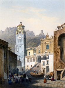 Amalfi-katedralen med gammel facade (farve litho)