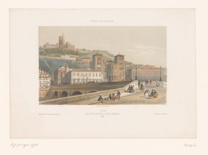 Udsigt over Pont Tilsitt og Saint-Jean-katedralen i Lyon Lyons. Vue du Pont de Tilsitt et de la Cathédrale (titel på objekt) Små ansigter i Frankrig (serietitel) Frankrig en miniature (serietitel på objekt) af Isodore Laurent Deroy