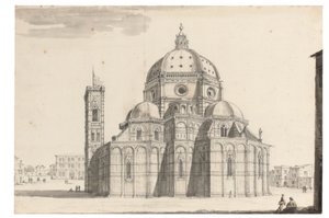 Duomo og Campanile, Firenze (sort kridt, pen og gråt blæk, brun og grå vask på papir med vandmærkeenhed) af Israel the Younger Silvestre