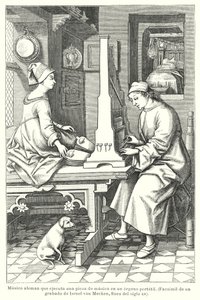 Tysk musiker spiller et bærbart orgel, slutningen af det 15. århundrede (litho) af Israel van (after) Mecken