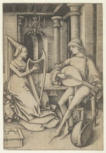 Lutespiller og harpespiller, fra Scenes of Daily Life,.n.d. af Israhel van Meckenem