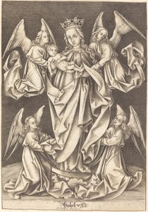 Madonnaen og barnet på halvmånen støttet af fire engle af Israhel van Meckenem