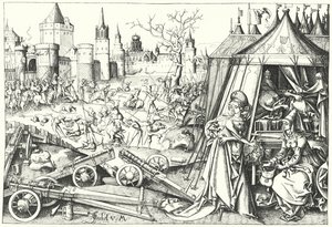 Halshugningen af den assyriske general Holofernes af israelit Judith af Bethulia, fra digtet Judith (gravering) af Israhel van the Elder Meckenem