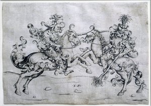 To ryttere spiller. Spil med to mænd til hest. Tegning af Israel Van Meckenem (ca. 1440-1503). Louvre-museet af Israhel van the younger Meckenem