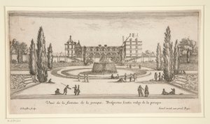Udsigt over Chateau Liencourt: En gårdhave med et springvand af Israël Silvestre