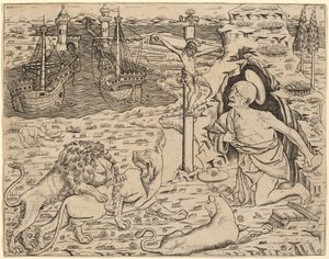 Sankt Hieronymus i anger, med to skibe i en havn af Italian 15th Century