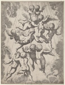 En gruppe engle i herlighed af Italian 17th Century, after Guido Reni, after Luca Cambiaso