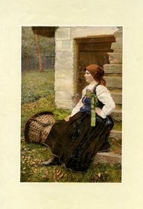 Kvinde iført traditionel klædedragt med stor kurv på jorden ved siden af sig, Sabbia, Piemonte, foto af V M af Italian Photographer