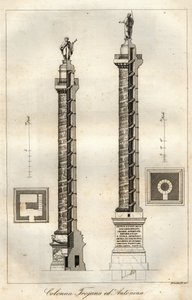 Et tværsnitsdiagram af Trajans søjle (Trajanus søjle) (113 e.Kr.) og søjle af Antoninus Pius (161 e.Kr.) i Rom - gravering fra "Anvendelser og skikke for alle mennesker i universet. Det er historien om regeringen, lovene, militsen, om jers religion af Italian School