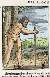 En indfødt mand tænder bål ved at gnide to stykker træ. Gravering fra "" Navigationi og Viaggi"" af Giovanni Battista Ramusio (1485-1557), vol. III, Venedig 1565. af Italian School