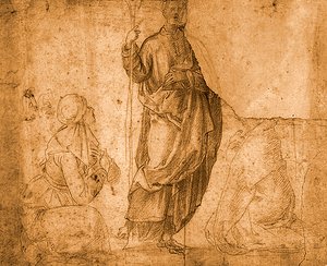 En helgen med to knælende kvinder (rødt kridt på papir) af Italian School