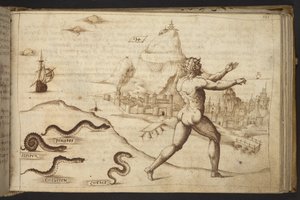 Tilføje. 82955, f.133   Slanger, der forfølger en menneskelig figur.  , fra Historia Animalium, (bestående af 245 pen-og-blæk-tegninger af forskellige dyrearter og mytiske væsner, hver ledsaget af en beskrivelse.)    1595 af Italian School