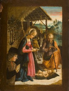 Tilbedelse af barnet med portræt af donor, ca. 1500 (tempera på panel) af Italian School