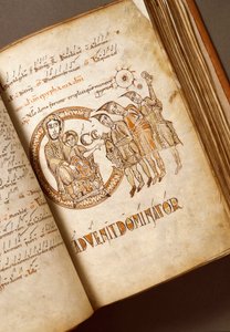 Tilbedelse af Magi-manuskriptet fra Bolognese-skolen. (Ms.123-Foglio 40 r) Rom fra det 11. århundrede, Biblioteca Angelica af Italian School