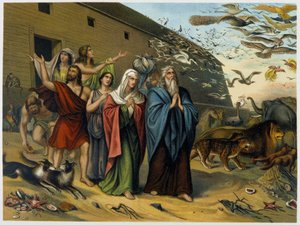 Efter syndfloden kommer Noa, hans familie og dyr ud af arken - i "Golden classic Bible: history of divine openbaring in the old and in the new tension" "af Giovanni Ladislao Sykora (bd. 1), oversat af Don Clemente Benetti. (italiensk bibel) af Italian School