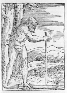 En indisk Tainos tænder bål ved at gnide to stykker træ. Gravering fra "" Navigationi og Viaggi"" af Giovanni Battista Ramusio (1485-1557), vol. III, Venedig 1565. af Italian School