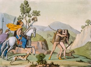 Gamle keltiske krigere på et strejftog støder på et par på jagt, ca. 1800-18 (farvet indgravering) af Italian School