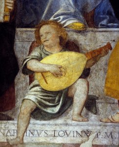 Englemusiker, der spiller lut. Detalje af en fresko fra det 17. århundrede fra en kirke i Milano. af Italian School
