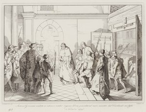 Antonio Grimani ledte i lænker for at redegøre for sit generalat på havet, assisteret af (gravering) af Italian School