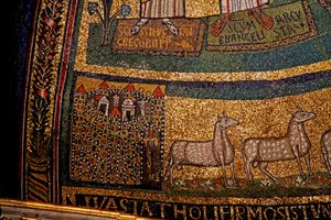 Apsis detalje, Jerusalem og får (mosaik) af Italian School