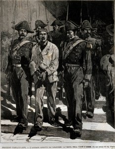 Arrestation af Giovanni Passannante (1849-1910), der udførte angrebet på den italienske konge Umberto I (Humbert I) i Napoli i 1878. Denne begivenhed inspirerede digteren Giovanni Pascoli (1855-1912) i en Ode. Indgravering af det 19. århundrede af Italian School