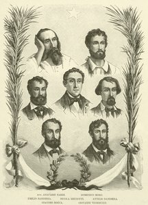 Avv Anacarsi Nardi, Domenico Moro, Emilio Bandiera, Nicola Ricciotti, Attilio Bandiera, Giacomo Rocca, Giovanni Venerucci (gravering) af Italian School