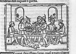 Banketscene i nærværelse af medlemmer af den florentinske adel. Illustration til "Decameron"" af Giovanni Boccaccio dit Jean Boccace (1313-1375), italiensk forfatter. Gravering i "" Decamerone ouer Cento nouelle"" Venedig, Bartolomeo de 