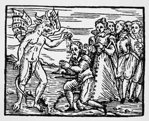 Dåb af Djævelen, kopi af en illustration fra Compendium Maleficarum af Fr M Guaccius, Milano 1608, brugt i History of Magic, udgivet i slutningen af det 19. århundrede af Italian School
