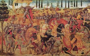 Slaget mellem Darius (399-330 f.Kr.) og Alexander den Store (356-323 f.Kr.) (olie på panel) af Italian School