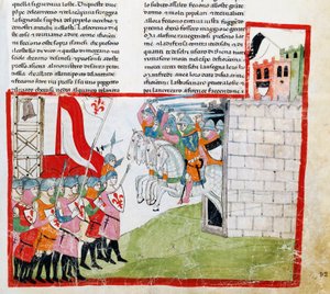 Slaget ved Montaperti, miniaturer af Pacino di Buonaguida (ca 1280-før 1340) fra Nuova Cronica, af Giovanni Villani, manuskript Chigiano L VIII 296 af Italian School