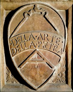 Blazon af menigheden af stenarbejdere. En kompas og en firkant er repræsenteret. 1300-tallets Siena, Biblioteca degli Intronati af Italian School