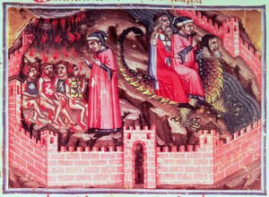 Canto XVII Fire sodomitter: Dante og Vergil rider på ryggen af Geryon ind i svigernes Circle, fra den guddommelige komedie (infernoet), ca. 1313