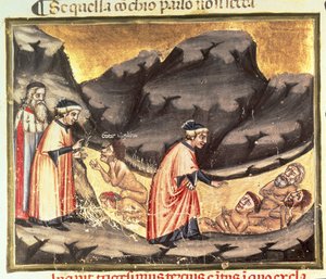 Canto XXXIII Dante og Virgil møder Ugolino i de Forræderiskes Cirkel, fra den guddommelige komedie (infernoet), ca. 1313 af Italian School