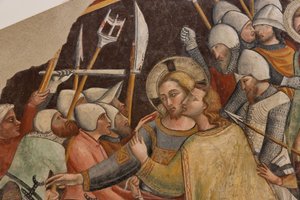Capture of Christ, af Mester af den højre apsis af St. Francis i Montefalco, fritliggende fresco, slutningen af XIV århundrede af Italian School