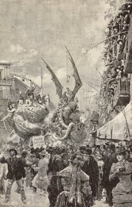 Vogne, der paraderer under karnevalets sidste dag, Napoli, Italien, gravering fra tegning af Matania, fra L