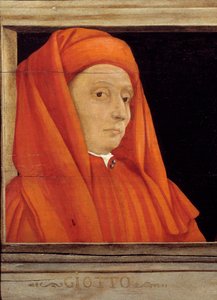 Cassone med 5 portrætter af Mesteren af den florentinske renæssance, detalje med portrættet af Bondone Ambrogio dit Giotto di Bondone (ca. 1267-1337), Italiensk skole i det 16. århundrede, olie på træ. Indskriften nedenfor er sandsynligvis successiv. Musee af Italian School