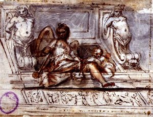 Loftsdesign med Muse of Music, ca. 1700 (pen & blæk med akvarel på papir) af Italian School