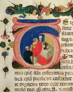 Fejring af eukaristien, fra en Mariegola fra læglauget St. Hieronymus, ca. 1400 (blæk & bladguld på vellum) af Italian School