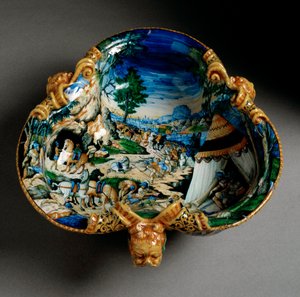 Keramisk kop i form af en trefle dekoreret af Hannibals repræsentation under krydsningen af Alperne produceret i Urbino i værkstedet Fontana, Italien. 1550 omkring Firenze, Museo Nazionale del Bargello af Italian School