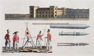 Chatham Barracks, en militær straf kaldet Triangle and Congreve Rockets, plade 17 fra The History of the Nations (akvatint) af Italian School