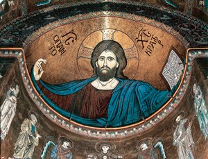 Kristus pantokrator eller Kristus i herlighed, udsmykning af apsis i katedralen i Monreale, Sicilien, Italien af Italian School