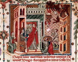 Codices Cavenses, Cod.25 f.181, Simon Magus, the Emperor Nero, and the Apostles, miniature fra Speculum Historiale, Part I, af Vincent de Beauvais, c.1320 (tempera på vellum) af Italian School