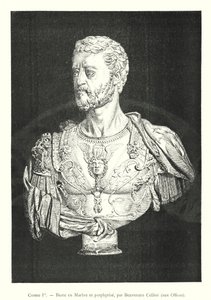 Cosimo I, Buste i marmor og porfyr, af Benvenuto Cellini, ved Uffizi (gravering) af Italian School