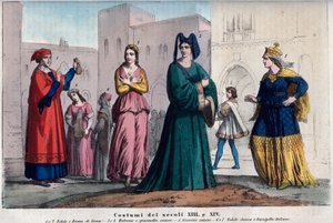 Kostumer i Siena mellem XIII og XIV århundrede - tøj i Siena mellem XIII og XIV århundrede - gravering fra "" Usi e Costumes of All Peoples of the Universe. Det er historien om regeringen, lovene, militsen, om religionen for alle n af Italian School