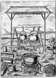 Landkøkken: gryder og gryder sættes i brand. Gravering fra "Opera", bog om gastronomi opdelt i 6 dele, af Bartolomeo Scappi, personlig kok af pave Pius V. Venedig af Italian School