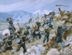 Krimkrigen og slaget ved Chernaya, 16. august 1855, illustration fra et album om Risorgimentos historie lavet til chokoladen Talmone, slutningen af det 19. århundrede