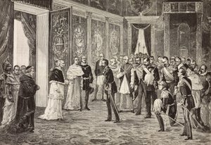 Kronprins af Tyskland (fremtidig Frederik III) modtages af pave Leo XIII i tronsalen, Vatikanet, gravering fra tegning af Ximenes fra skitse af Dal Don, fra L