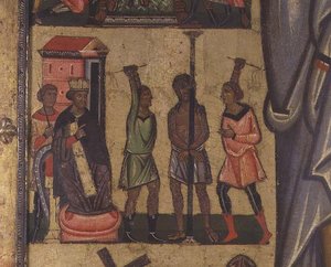 Korsfæstelse med lidenskabshistorier: detaljer, der viser Kristi flagelation, Lucca-skolen (tempera på panel) af Italian School
