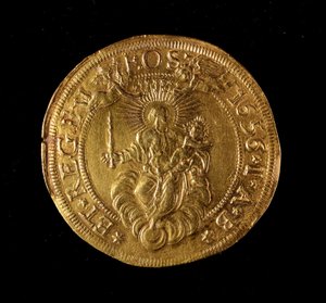 Republikkens geners valuta: 12,5 guld dobbeltmønt. Diameter 61 mm. 1656. Tilbage. Genes Museums of Strada Nuova (inv. 6453) af Italian School